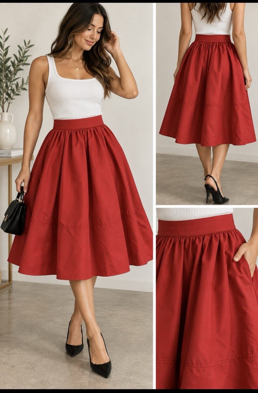 Express Women’s Red Midi Skirt Sz 4 Party Holiday Preppy High Waist Coquette